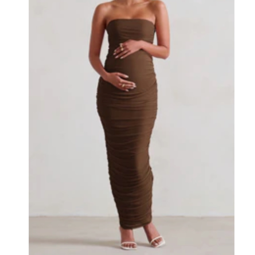 CHOCOLATE MATERNITY BROWN STRAPLESS BODYCON RUCHED MESH MAXI DRESS